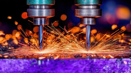 Sparks flying industrial metalworking equipment in action