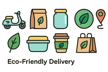 Eco-friendly delivery flat icon set. Sustainable, green transport icons collection