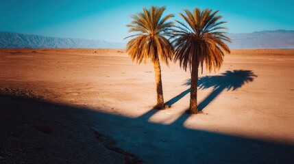 Twin palm trees casting long shadows in desert landscape