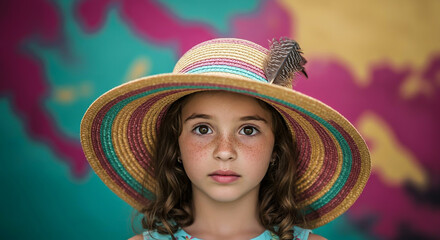 Young girl with colorful hat and abstract background.