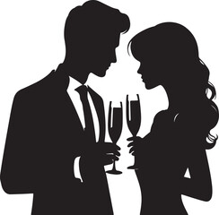 Silhouette of an elegant couple clinking champagne glasses, celebrating a special occasion with a romantic toast.