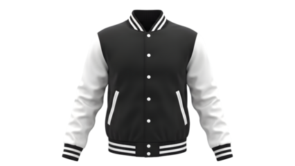 Black and white varsity jacket with buttons and stripes isolated on transparent background