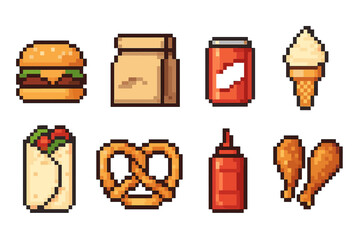 Fast food pixel art icon set. Burgers, snacks, and sweets in 8-bit style
