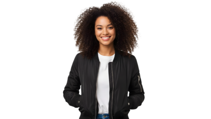 Woman wearing black varsity jacket with white shirt and jeans isolated on transparent background