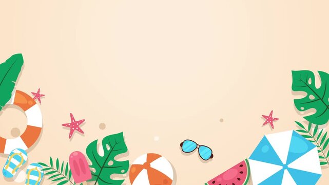 Minimal flat summer beach animation background with tropical leaves, lifebuoy, sunglasses, and pastel elements, ideal for holiday promos, travel content, social media ads, and seasonal branding.