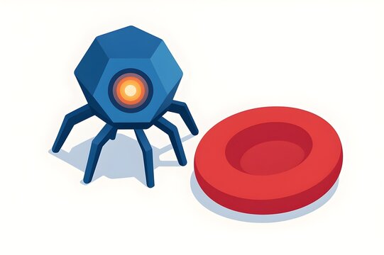 Isometric illustration of a medical nanorobot near an erythrocyte in the bloodstream; hexagonal microbot with spiderlike legs implies drug delivery, biomedical research, and futuristic therapy.