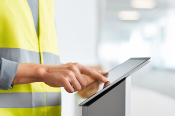 Worker using a touchscreen panel to operate and manage tasks in a modern industrial environment