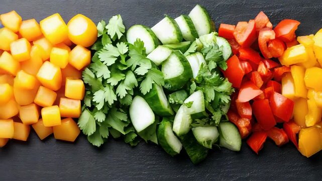 Chopped vegetable cucumber bell pepper parsley yellow pepper red pepper vibrant rows dark slate