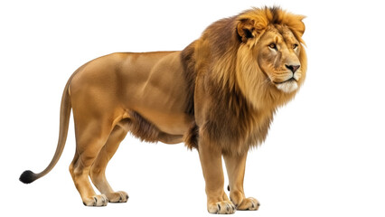 Isolated powerful male lion standing looking right majestic mane predator wildlife animal