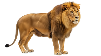 Isolated powerful male lion standing looking right majestic mane predator wildlife animal