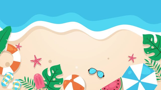 Minimal flat summer beach animation with ocean waves, sandy shore, and tropical elements, perfect for holiday promos, travel ads, social media content, and seasonal branding.
