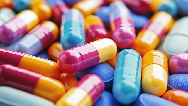 Colorful pills close-up in a vibrant mix