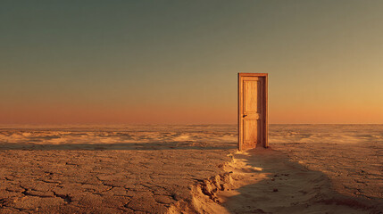 A solitary door stands open in a barren landscape, hinting at endless possibilities