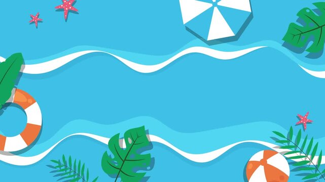 Minimal flat summer beach animation with ocean waves, sandy shore, and tropical elements, perfect for holiday promos, travel ads, social media content, and seasonal branding.