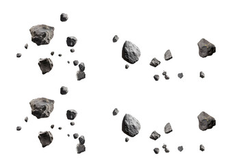 Asteroid fragments floating in space with a black background, ideal for projects on astronomy, space exploration, and celestial bodies