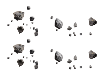 Asteroid fragments floating in space with a black background, ideal for projects on astronomy, space exploration, and celestial bodies