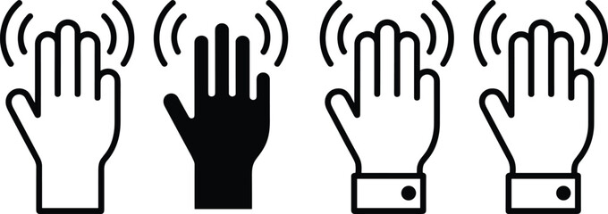 Obraz premium Waving hand gesture icon set, black and white touch interaction symbols vector illustration for UI controls, warning signs, communication concepts