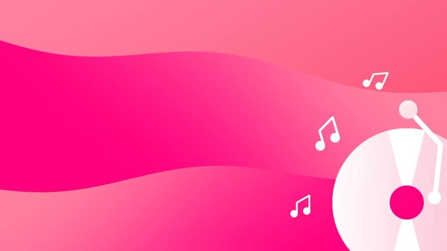 Musical notes float around a white vinyl record icon on a bright pink and red flowing background creating a lively and energetic audio theme here