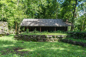 Thatched-roof building at Kamuihei archaeological site, Nuku Hiva, Marquesas Islands. French Polynesia