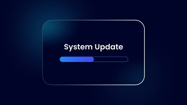 A system update notification with a blue progress bar is displayed inside a sleek glass card on a dark background for a high tech interface look