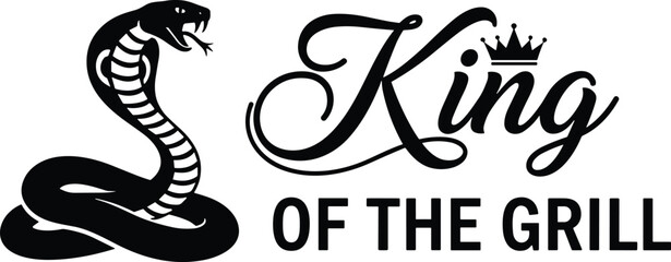 Black and white king of the grill vector illustration featuring a majestic hooded cobra snake with a royal crown and elegant typography © MDBABULU