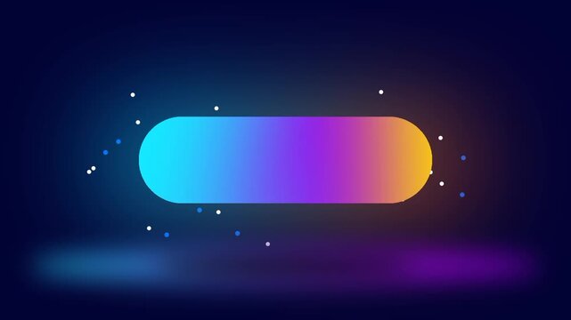 A vibrant gradient pill shaped button with a purple and orange glow floats on a dark background with sparkling particles for a modern tech style