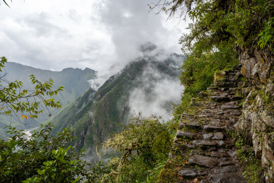 Ancient Inca trail leading to the Inca Bridge - Puente Inca - at Machu Picchu