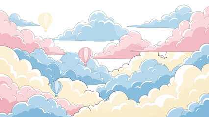 Whimsical hot air balloons floating among fluffy pastel clouds