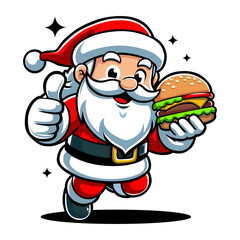 Jolly Santa Claus Giving Thumbs Up with a Delicious Hamburger