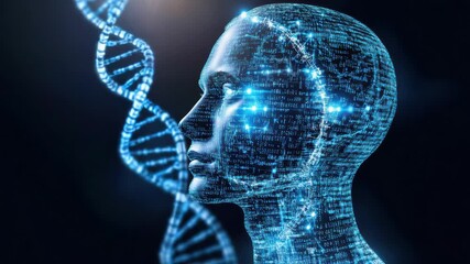 Futuristic human head of data and glowing DNA strand with digital technology and neural - Powered by Adobe