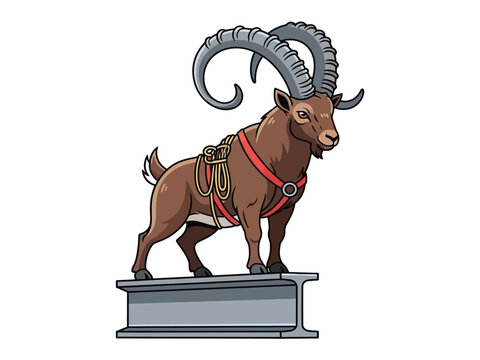 A cartoon illustration of a brown ibex with large curved horns standing on a steel beam.