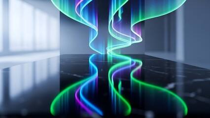Abstract Glowing Aurora Borealis Light Waves in Modern Interior Reflection