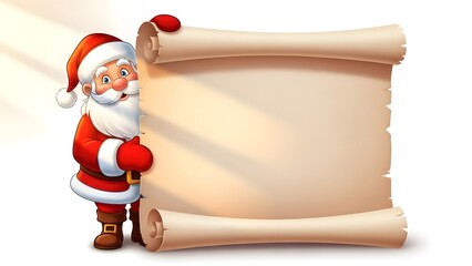 Santa claus holding a blank scroll for christmas messages or list