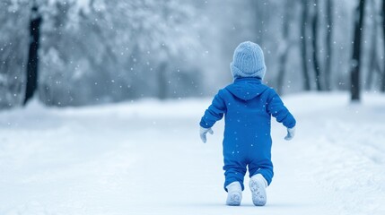Young child in blue winter outfit walks through snowy landscape, surrounded by trees, creating a serene atmosphere of winter exploration and joy
