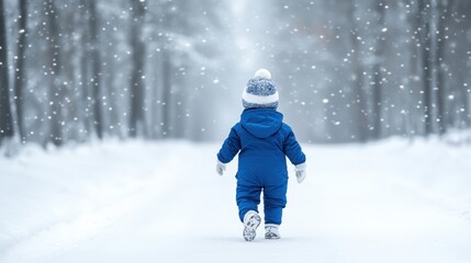 Young child wearing blue snowsuit and knitted hat walks through snowy forest path, surrounded by falling snowflakes, creating a serene winter atmosphere and joyful exploration