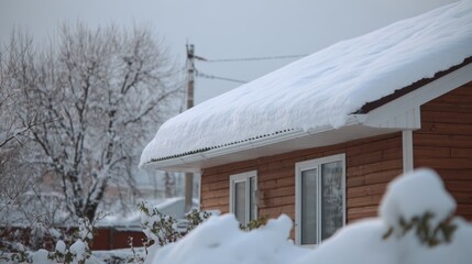 Snow-covered wooden house with a sloped roof, surrounded by frosty trees and a serene winter landscape, creating a peaceful and cozy atmosphere in a snowy environment