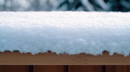 Fresh snow covers a wooden surface, creating a serene winter scene with soft textures and a peaceful atmosphere, inviting a sense of calm and tranquility in nature