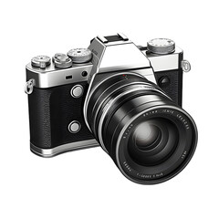 Silver camera shows reflective details on black background. Perfect for product photography, posters, and ads.