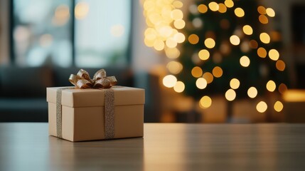 Gift box with a shiny ribbon sits on a wooden table, surrounded by a softly lit room and a beautifully decorated Christmas tree in the background, evoking holiday spirit and warmth