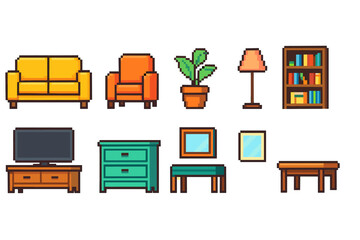 Fototapeta premium Furniture and home decor icon set. Cozy, retro pixel art icons line collection