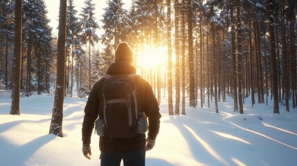 Male hiker with a backpack stands in a snowy forest, surrounded by tall trees, as the sun rises, casting warm light through the winter landscape, evoking a sense of adventure and exploration