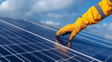 Worker in yellow gloves is inspecting solar panels under a bright blue sky, showcasing renewable energy technology and sustainable practices in action