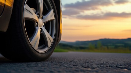 Close-up view of a car wheel on a smooth asphalt road during sunset, showcasing the intricate design of the alloy rim and the beautiful natural landscape in the background