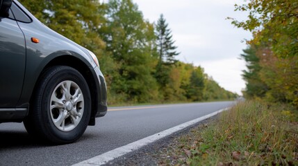 Close-up view of a car tire on a rural road surrounded by trees, showcasing the vehicle's design and the natural landscape, emphasizing travel and adventure
