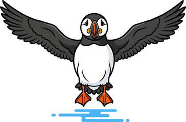 Adorable Cartoon Atlantic Puffin Bird Flying with Wings Spread Wide