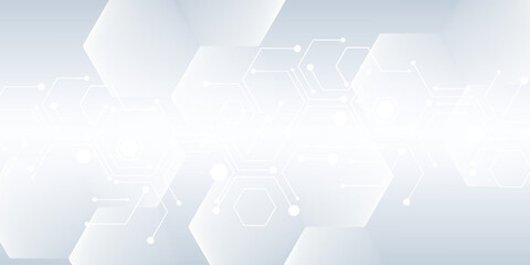 Abstract white and grey hexagonal pattern background design. Modern simple overlapping hexagon geometric element with molecular structures. Medical science technology concept. Vector illustration