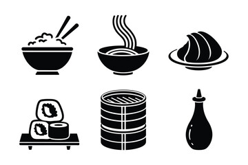 Collection of 6 black icons for Asian food: rice, noodles, dumplings, sushi, steamer, sauce