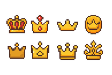 Pixel crown icon set. Retro, royalty, pixel art crowns in outline style collection