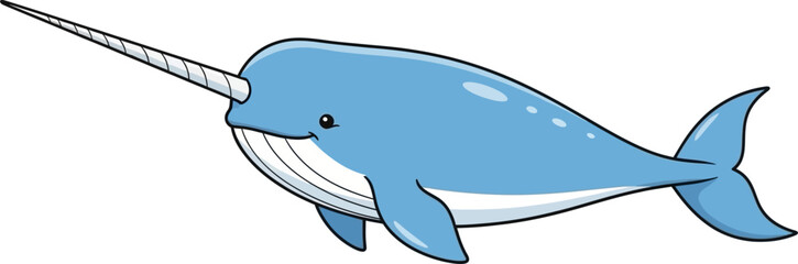 Cute Cartoon Narwhal with Long Tusk Isolated on White Background © Syam Artwork