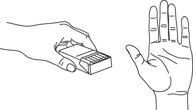 An illustration depicting a hand refusing an offer of a pack of matches or cigarettes